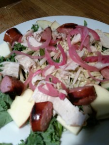 Salad with pickled red onions and pickled cabbage